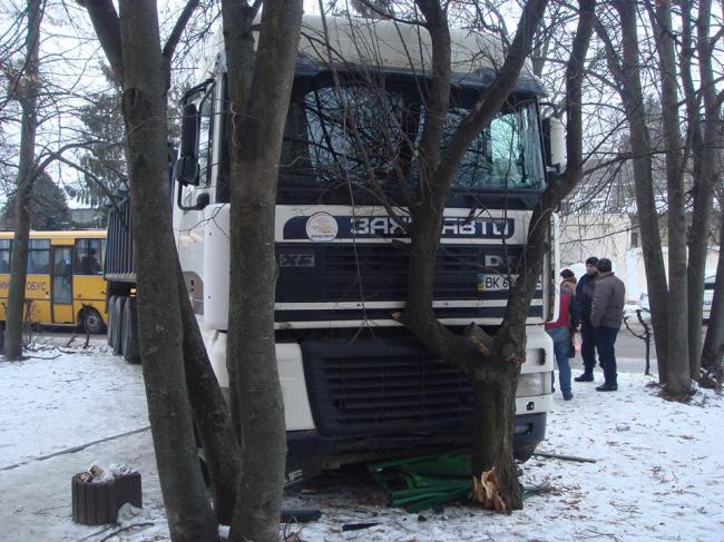 У містечку на Рівненщині вантажівка на зупинці збила жінку та поламала дерева (ФОТО)